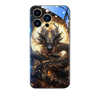 Dragon Apple phone case with Chinese-style black and gold dragon design, glass finish, and night light effect for iPhone models.